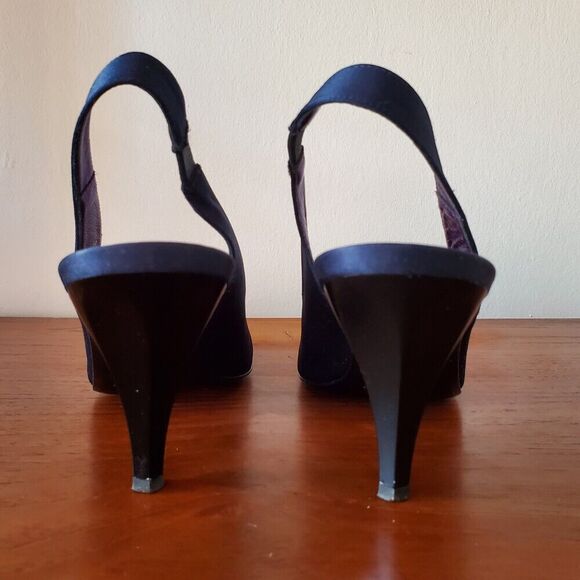 Vintage Amalfi by Rangoni Navy Silk Slingback Open Toe Heels Womens 8.5N Italian - Picture 2 of 5